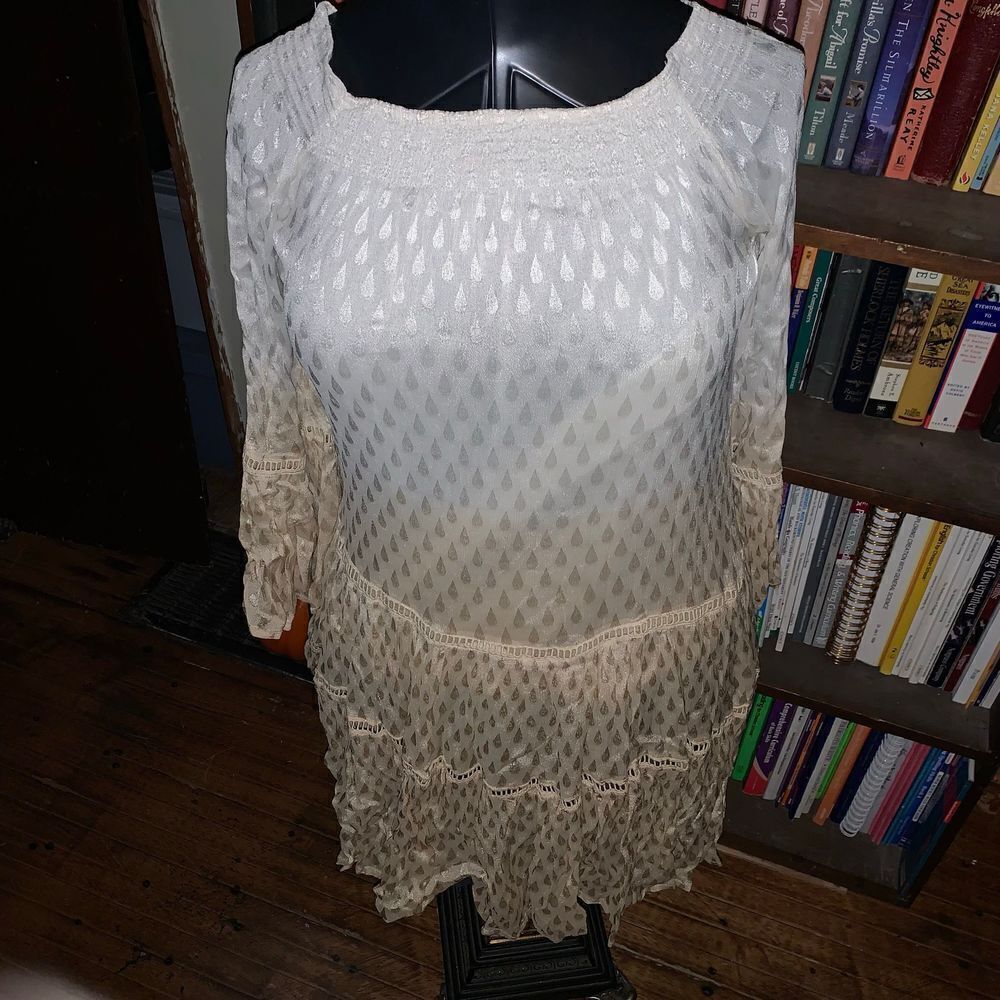 Muche Et Muchette cream smocked neck O/S boho flowy off shoulder dress